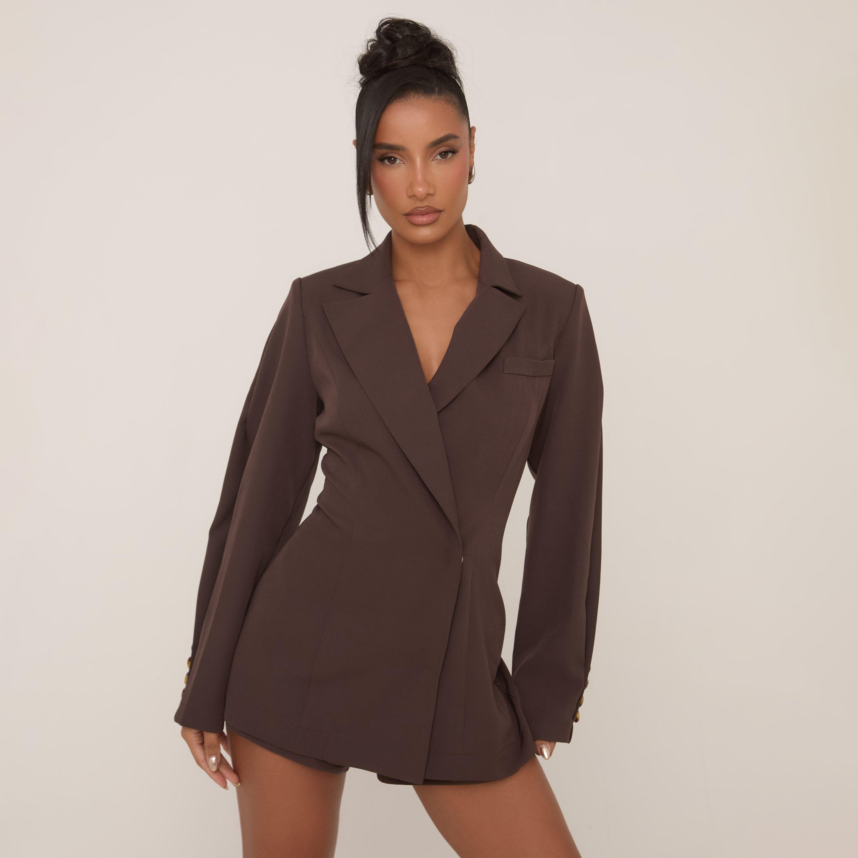 Image of Long Sleeve Cinched Waist Tailored Playsuit In Chocolate Brown Woven, Women's