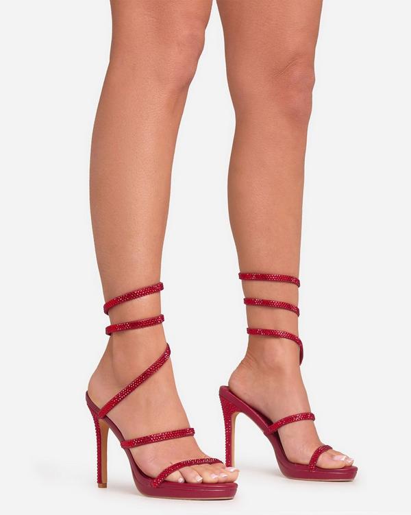 Crowned-Jewel Diamante Wrap Around Strap Detail Platform Stiletto Heel In Burgundy Faux Leather