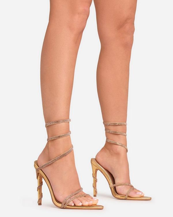 Estella Diamante Detail Wrap Around Strap Pointed Toe Stiletto Heel In Gold Faux Leather