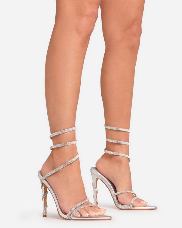 Estella Diamante Detail Wrap Around Strap Pointed Toe Stiletto Heel In Silver Faux Leather