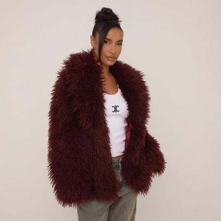 Oversized Collar Shaggy Coat In Burgundy Faux Fur, Women's Size US