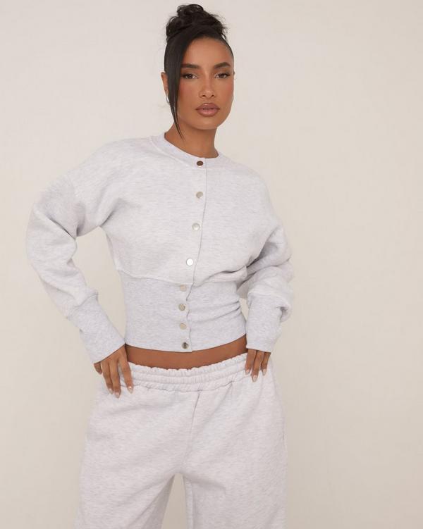 Long Sleeve Popper Detail Cinched Waist Sweatshirt In Grey