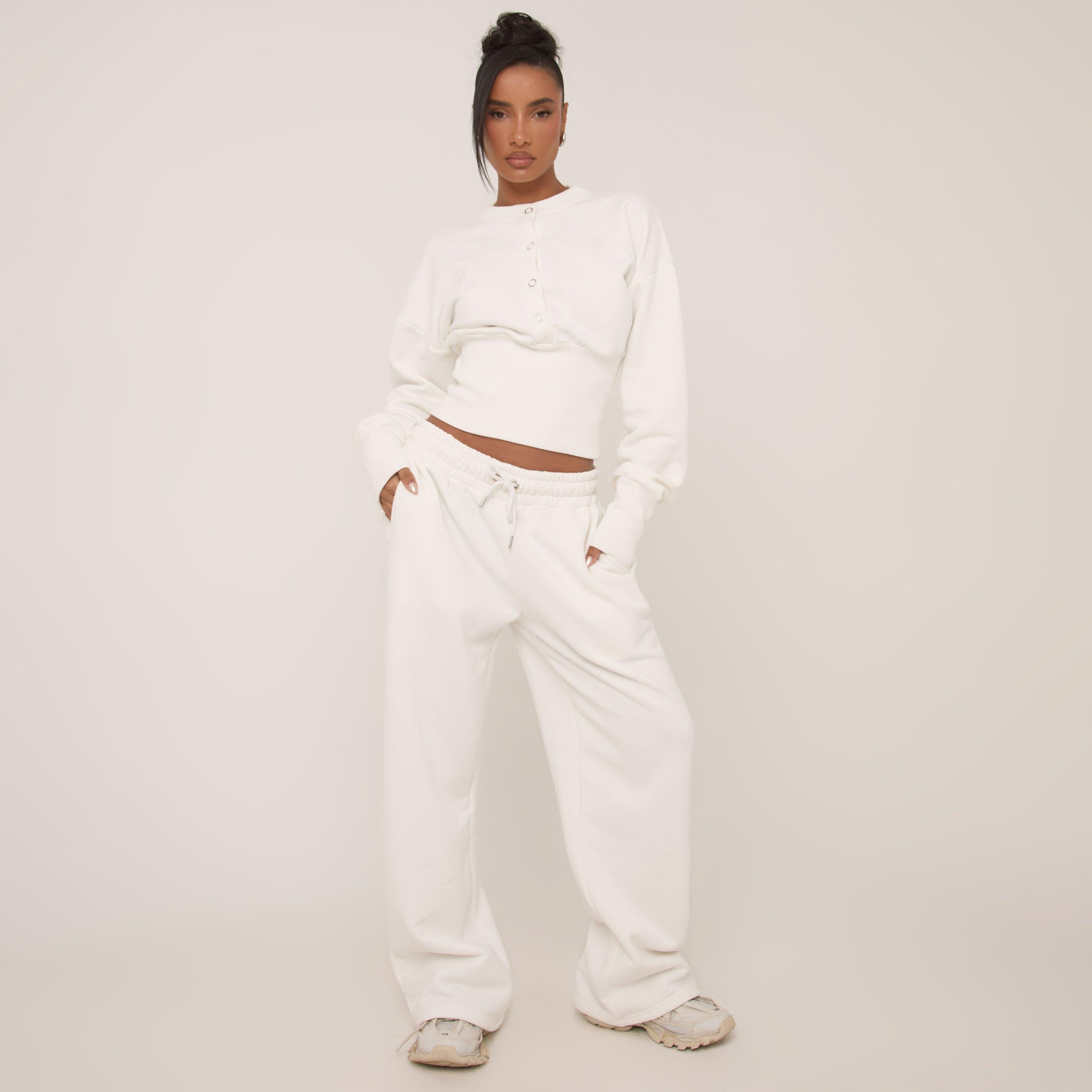 Elasticated Waist Wide Leg Joggers In Cream, Women’s