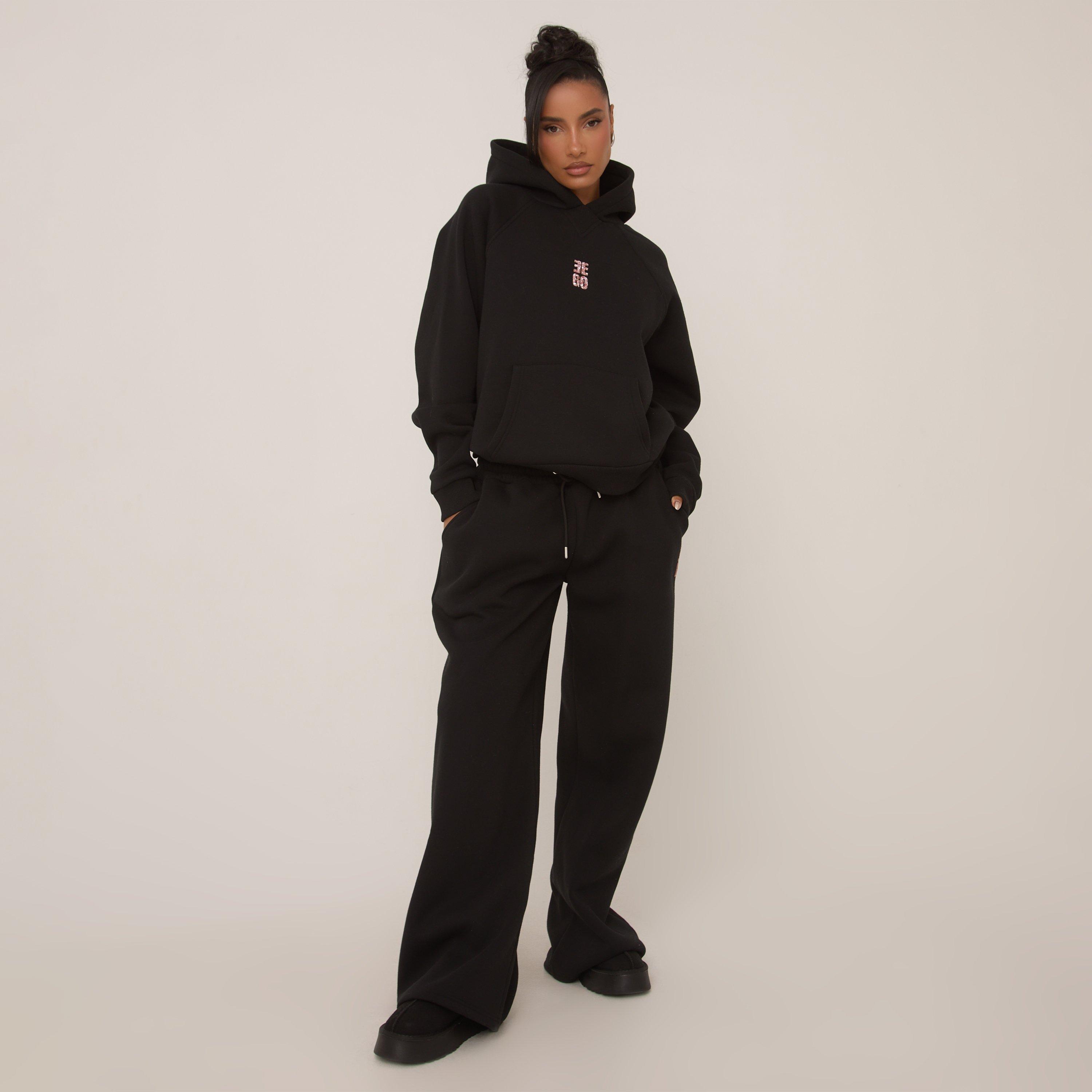 Pink Glitter Ego Graphic Wide Leg Joggers In Black, Women's Size UK 6