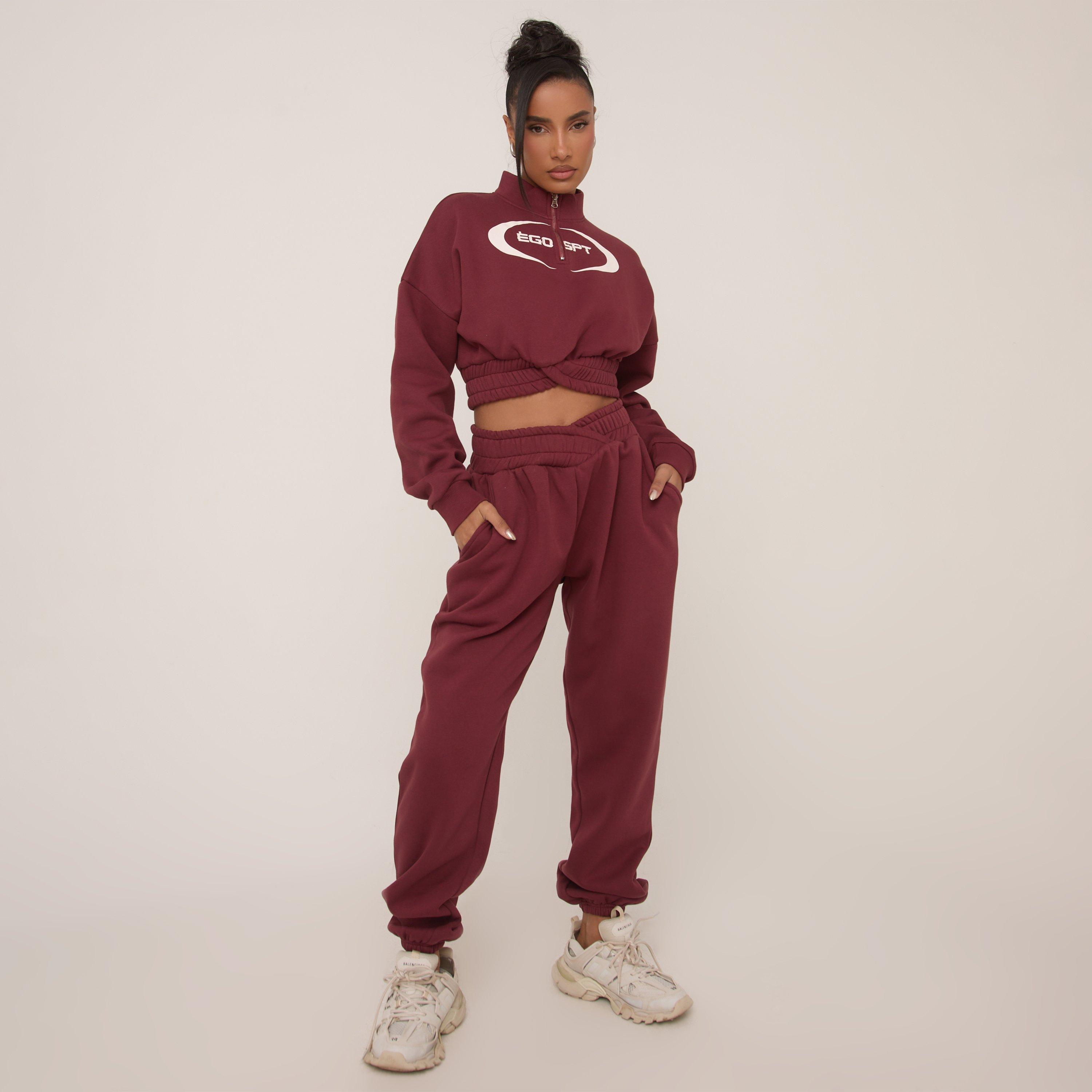 Wrapped Dipped Waist Cuffed Hem Joggers In Burgundy, Women’s