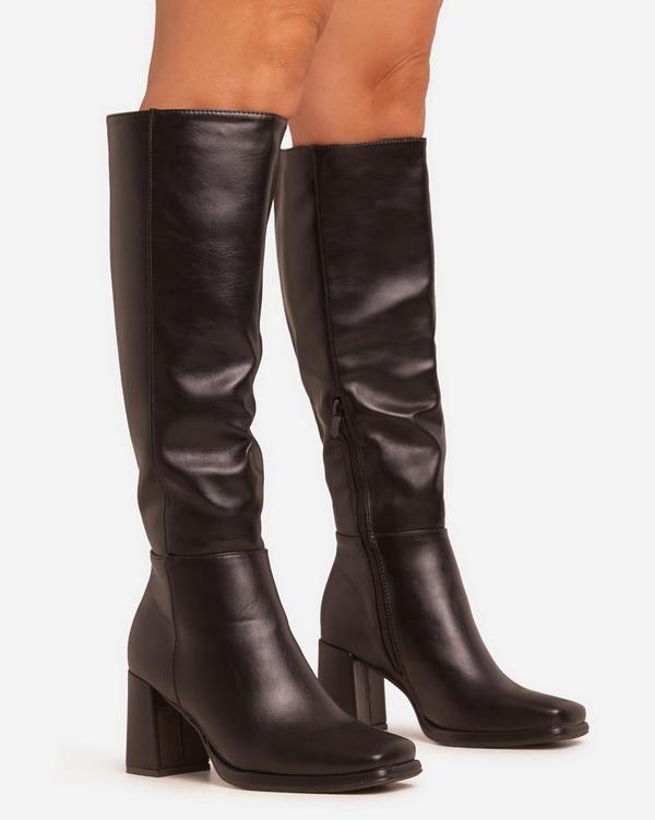 Washington Square Toe Block Heel Knee High Long Boot In Black Faux Leather