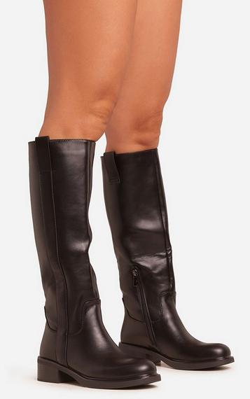 Xoe Square Toe Thin Block Heel Knee High Long Boot In Black Xoe Square Toe Thin Block Heel Knee High Long Boot In Black