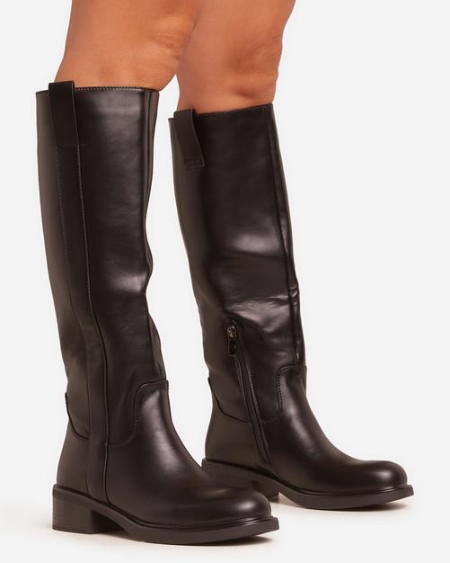 Keiley Lace Up Chunky Platform Knee High Biker Boot In Black Faux Leather EGO