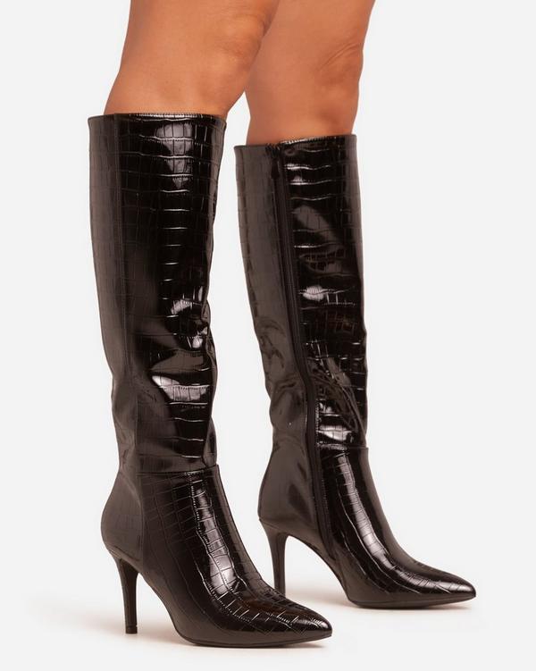 Avery Pointed Toe Stiletto Heel Knee High Long Boot In Black Croc