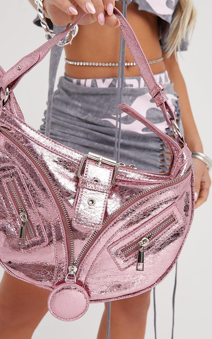 Zilo Zip Detail Shaped Shoulder Bag In Pink Cracked Faux Leather