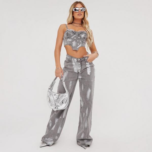 Low Rise Silver Foil Detail Wide Leg Jeans In Grey Denim | EGO