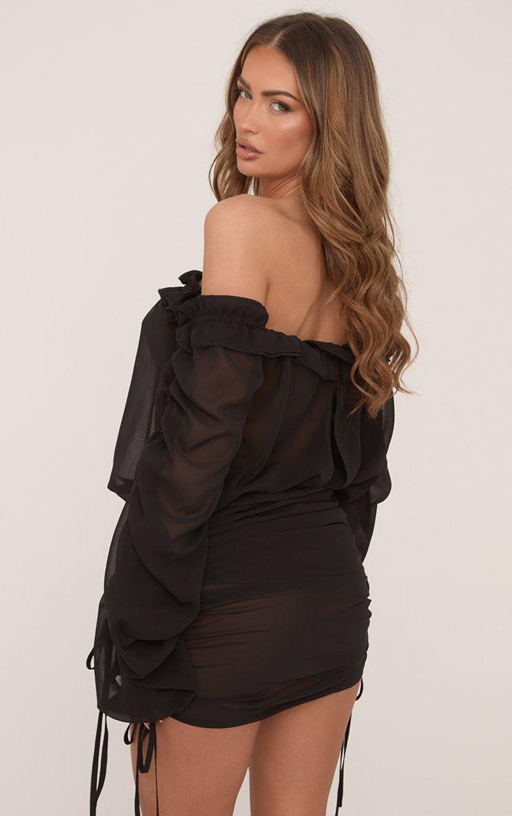 Bardot Ruched Long Sleeve Frill Detail Mini Dress In Black Woven | EGO UK |  EGO