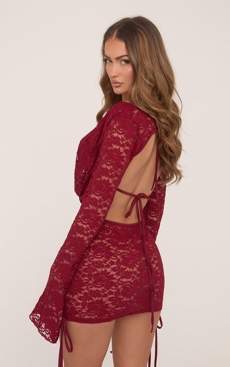 lace long sleeve bodycon dress in maroon Sevila Long Sleeve Mini Dress Lace Burgundy main image 1