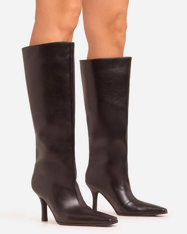 Cecil Square Toe Stiletto Heel Knee High Long Boot In Black Faux Leather