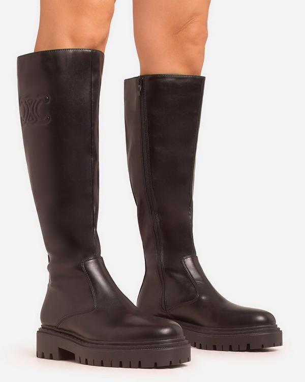 Montey Side Logo Detail Chunky Sole Knee High Long Boot In Black Faux Leather
