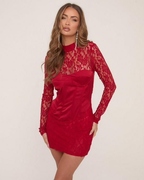 Long Sleeve High Neck Corset Mini Bodycon Dress In Red Lace EGO