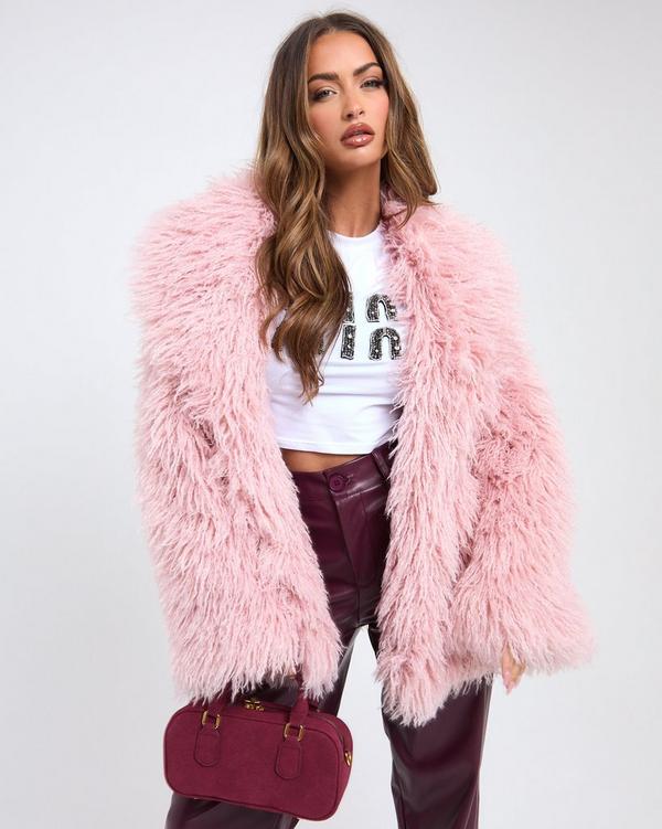 Oversized Collar Shaggy Coat In Pink Faux Fur | EGO