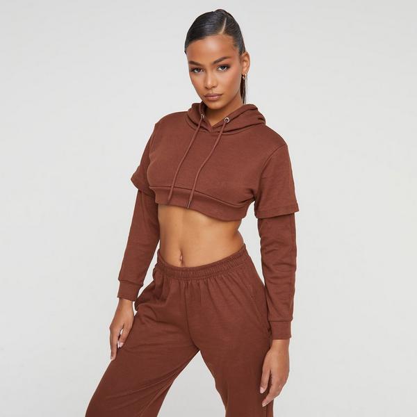 Long Sleeve Double Layered Cropped Hoodie In Brown | EGO