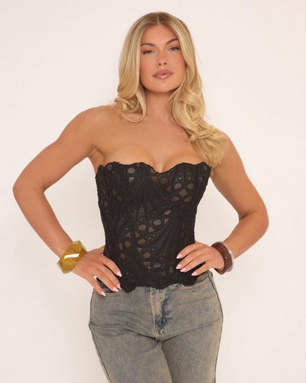 Bandeau Stretch Corset Top In Black Lace