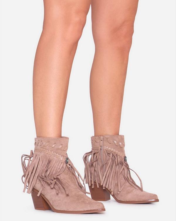 Ebbie Tassel Detail Pointed Toe Western Cowboy Ankle Boot In Taupe Faux Suede