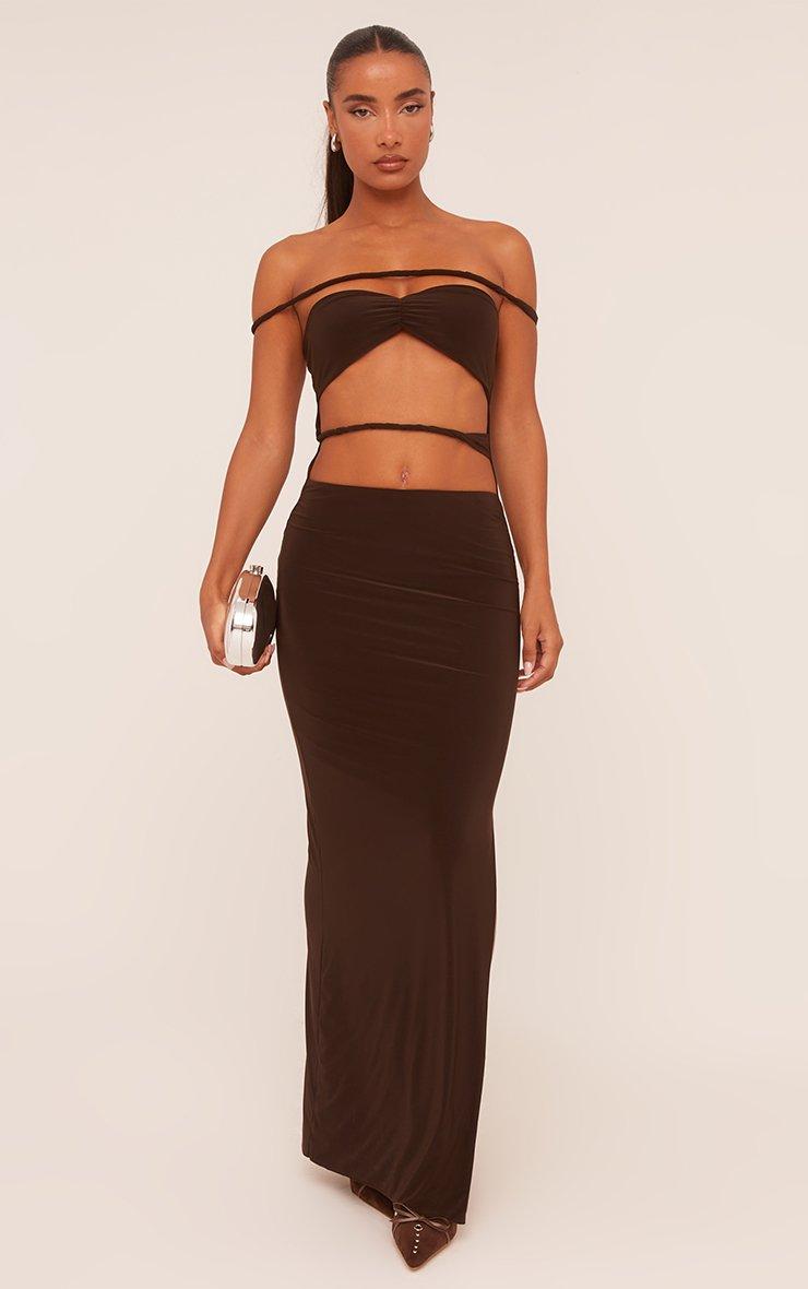 chinese dress ladies Brown Off-Shoulder Maxi Dress
