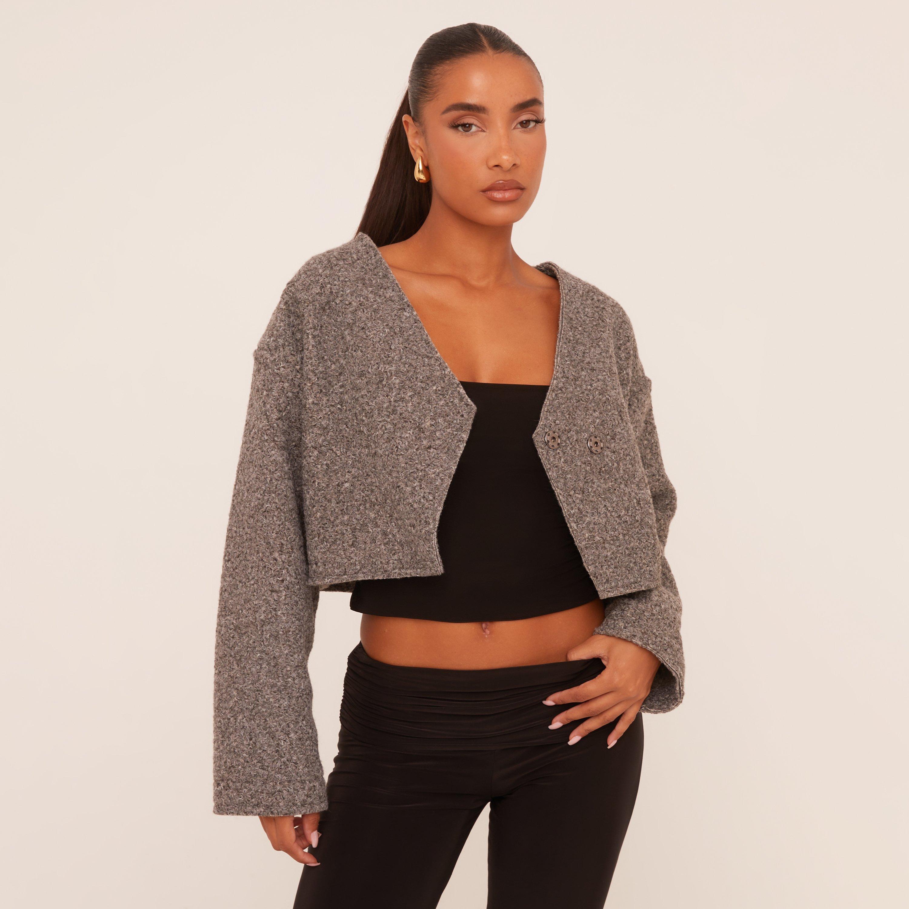 Asymmetric Button Front Cropped Jacket In Grey Faux Wool, Women's Size UK M