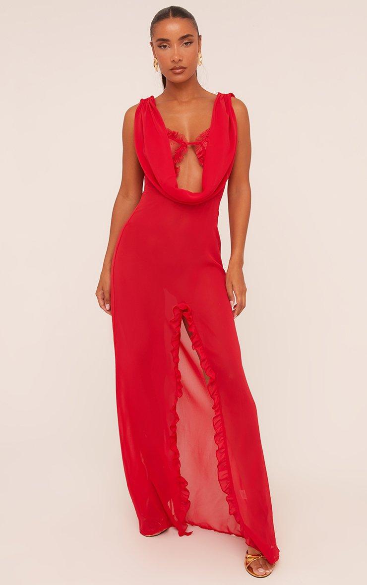 Cowl Neck Lace Bust Detail Split Maxi Dress In Red Soft Woven | EGO US | EGO