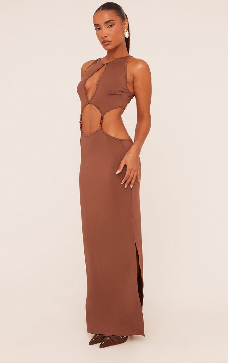 Sleeveless Beaded Detail Cut Out Maxi Dress In Brown Slinky | EGO US | EGO