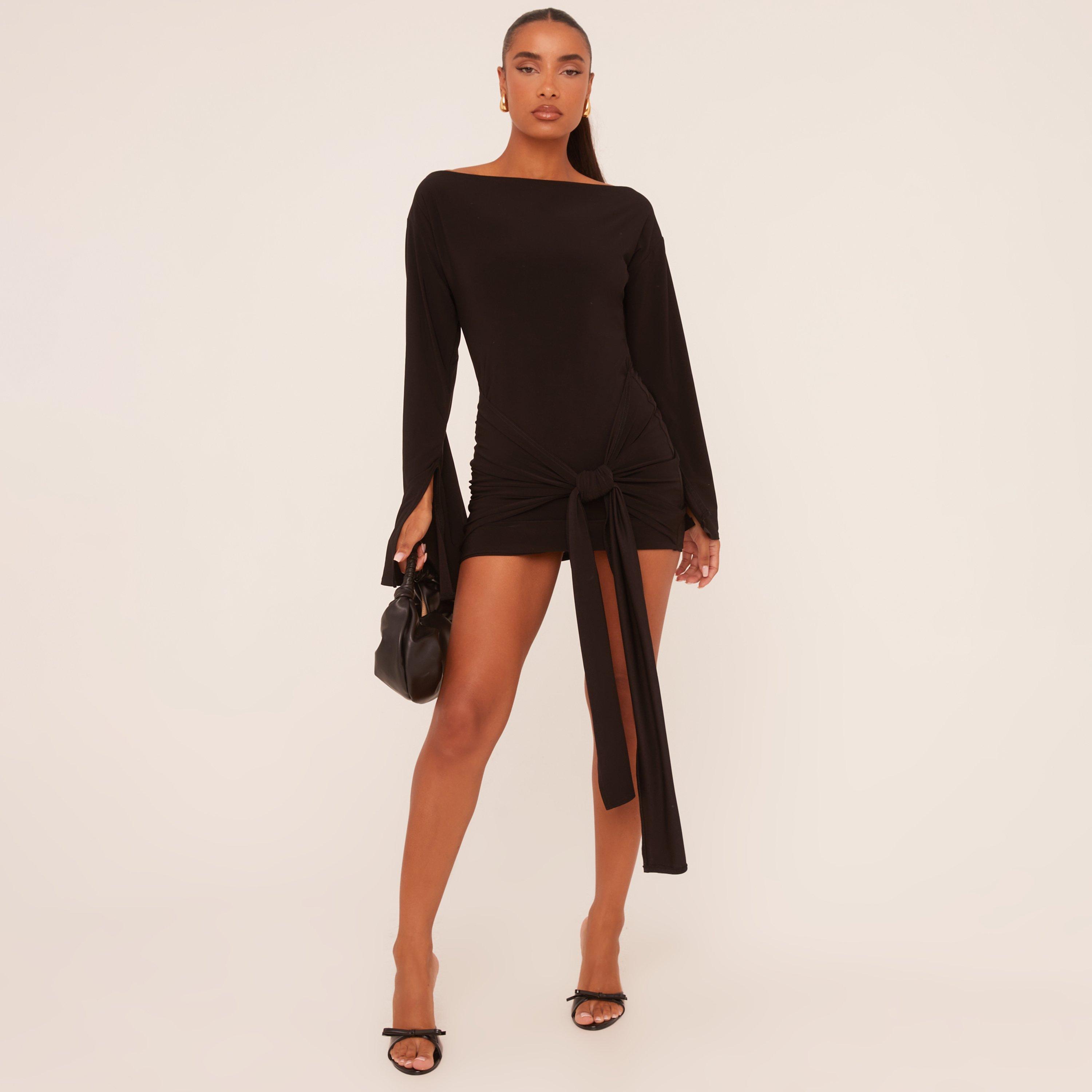 Long Flared Sleeve Drape Detail Mini Bodycon Dress In Black Slinky, Women’s