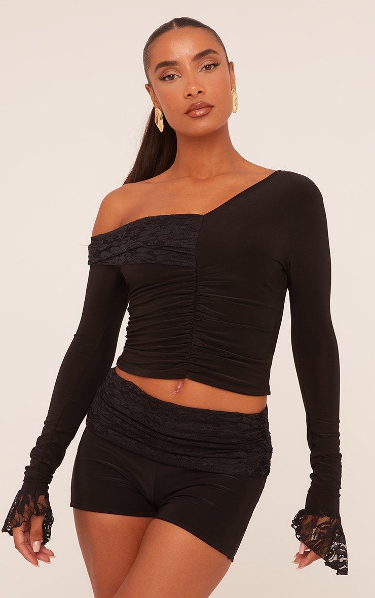 One Shoulder Asymmetric Lace Detail Ruched Long Sleeve Crop Top In
