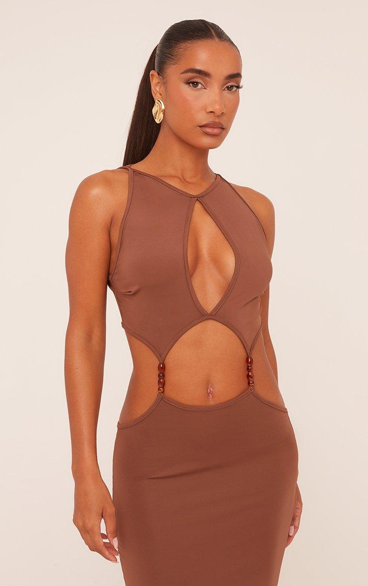Sleeveless Beaded Detail Cut Out Maxi Dress In Brown Slinky | EGO US | EGO