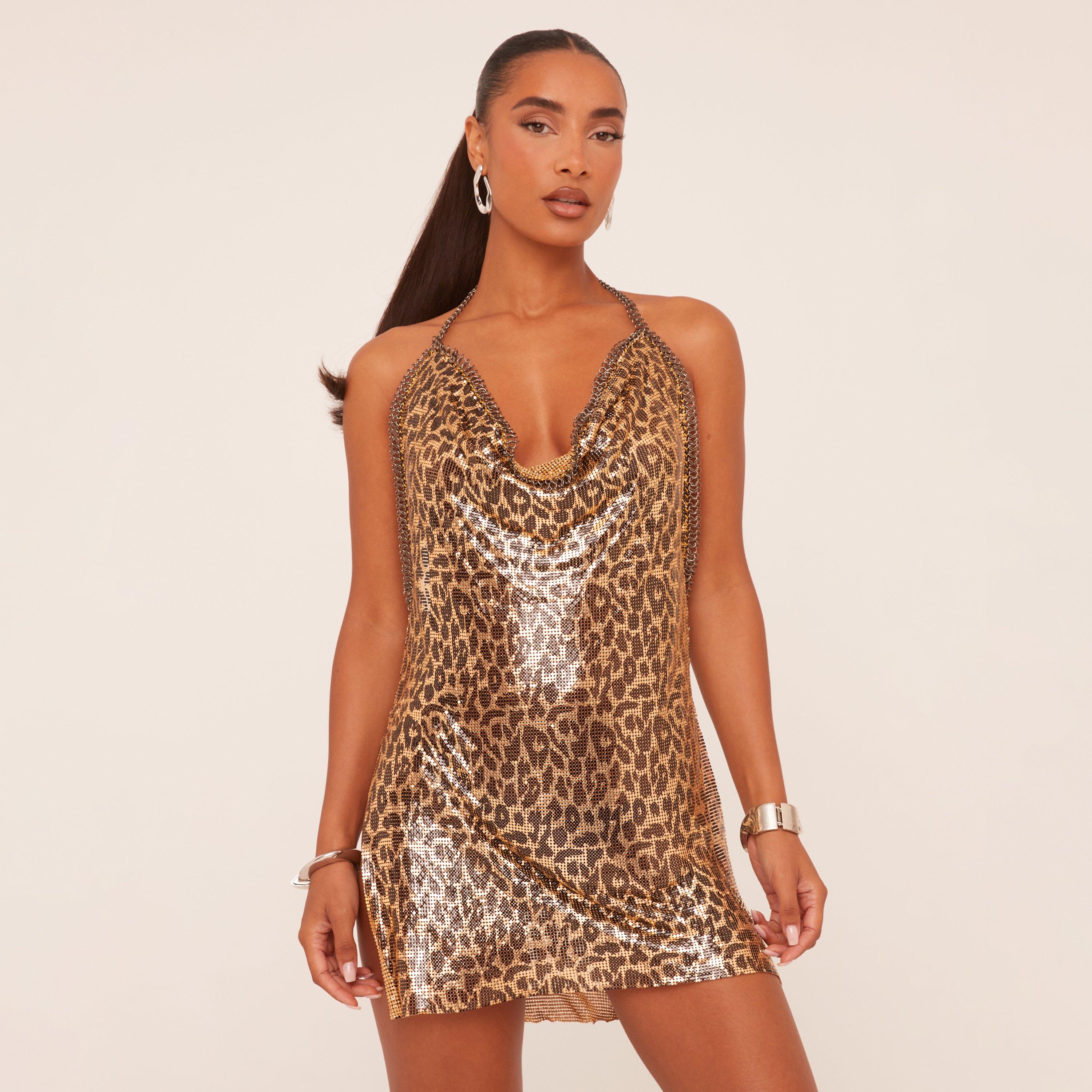Cowl Halterneck Open Back Mini Dress In Gold Leopard Print