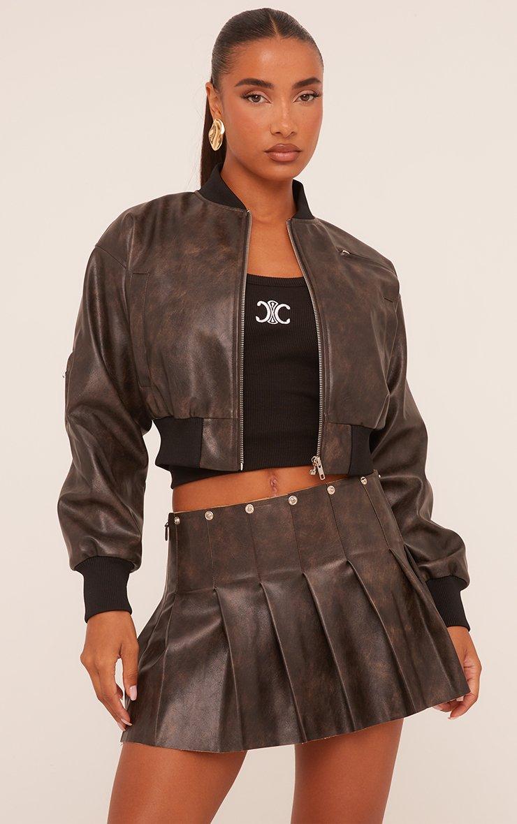 Low Rise Pleated Mini Skirt In Brown Faux Leather | EGO Shoes Low Rise Pleated Mini Skirt In Brown Faux Leather | EGO Shoes