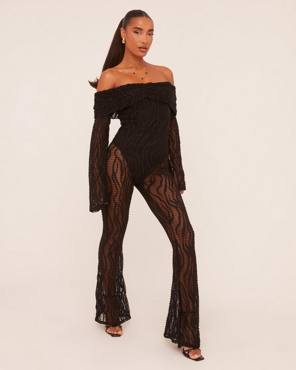 Fold Over Bardot Jumpsuit In Black Zebra Textured Lace EGO