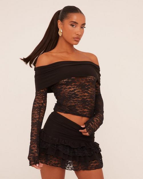 Slinky Fold Over Bardot Top In Black Lace