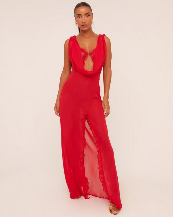 Cowl Neck Lace Bust Detail Split Maxi Dress In Red Soft Woven EGO