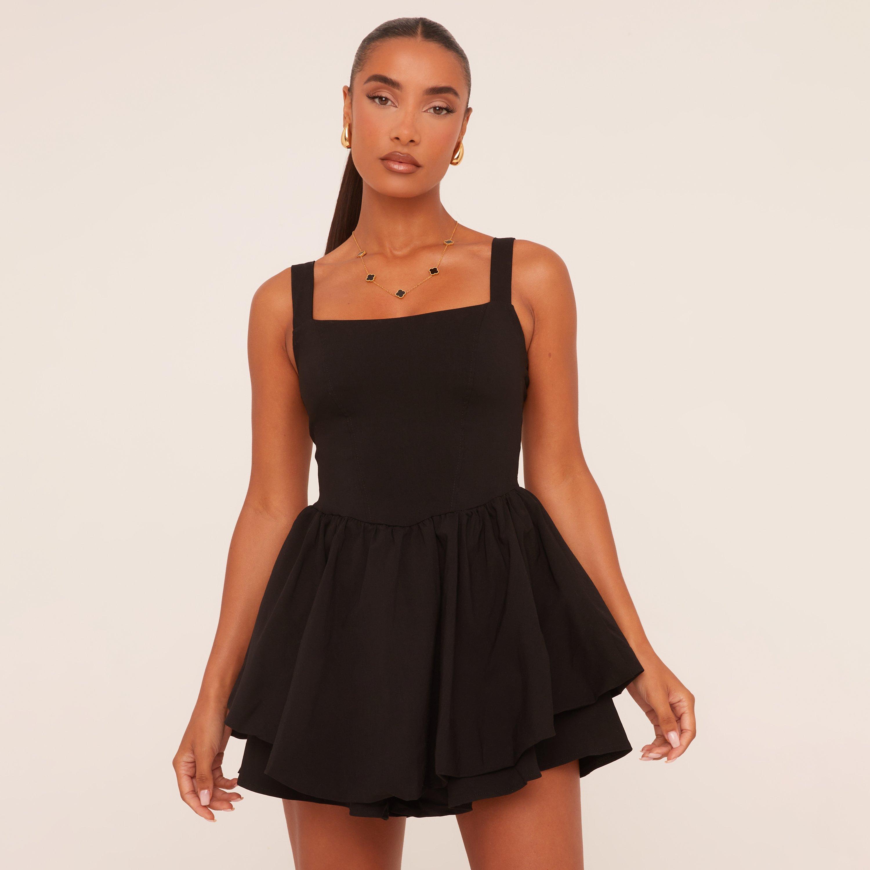Square Neck Tiered Puffball Mini Dress In Black, Women's Size UK 8