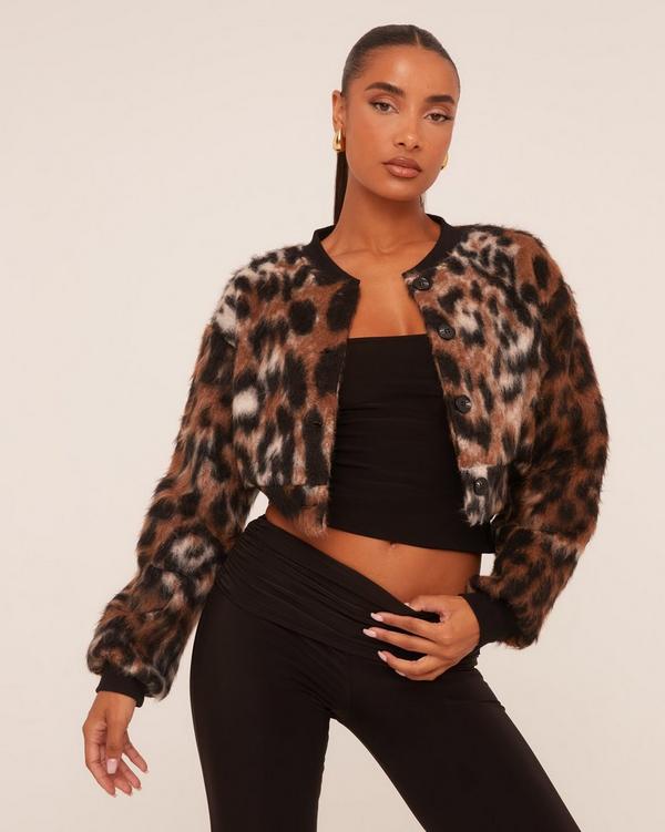 Collarless Button Up Cropped Bomber Jacket In Leopard Print Faux Fur EGO