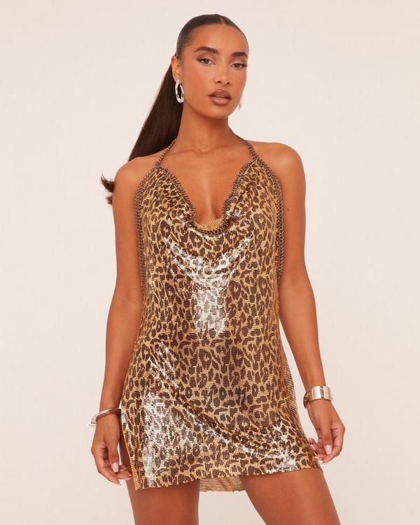 Cowl Halterneck Open Back Mini Dress In Gold Leopard Print Chainmail EGO