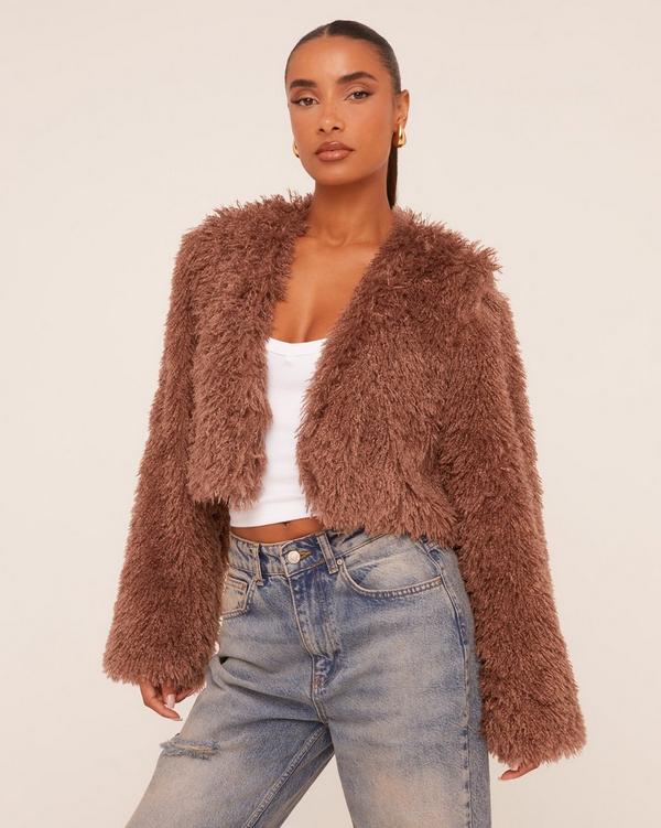 Collarless Cropped Fluffy Coat In Faux Fur Brown EGO