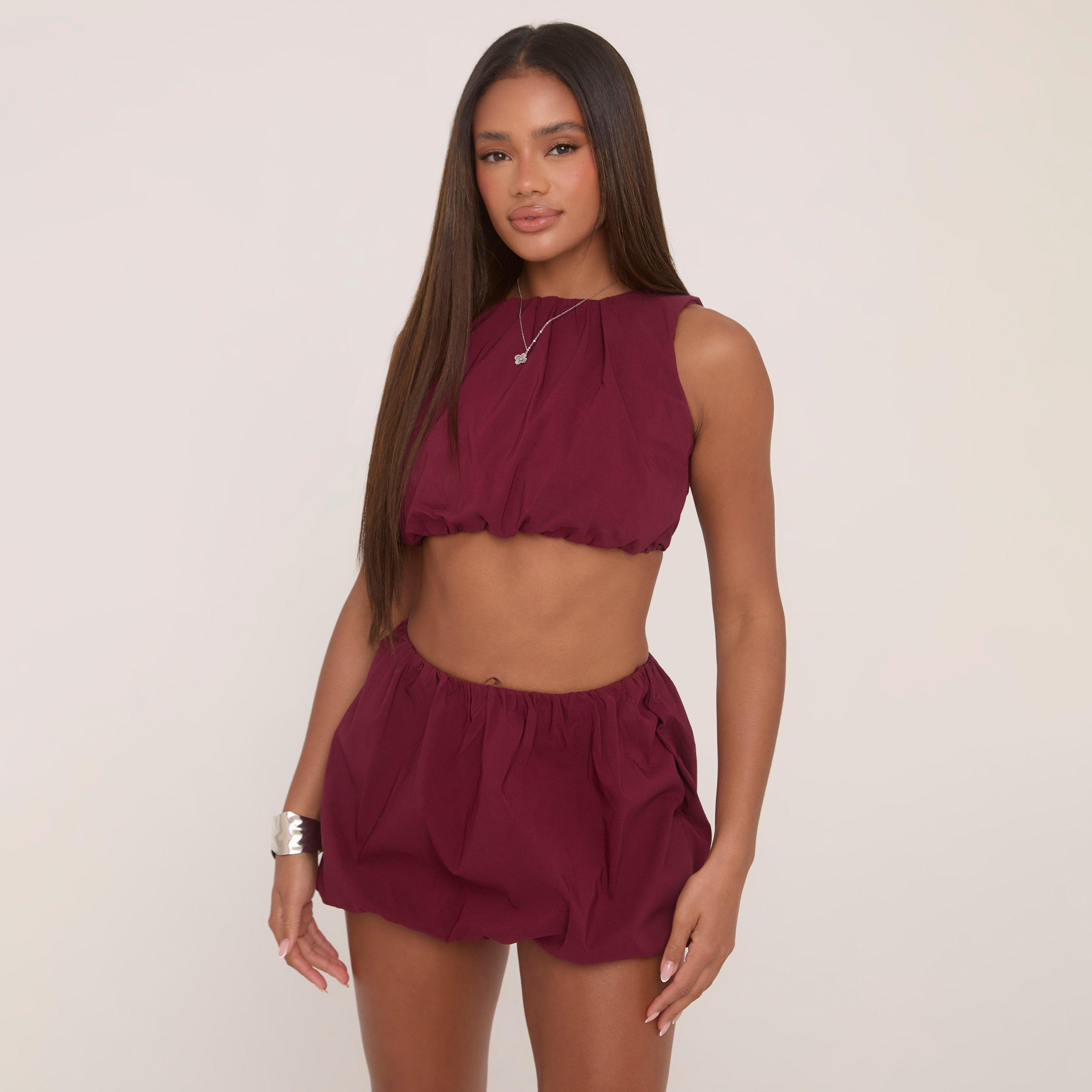 Sleeveless Crop Top And High Waist Puffball Mini Skirt Co-Ord Set In Burgundy, Women's Size UK 16