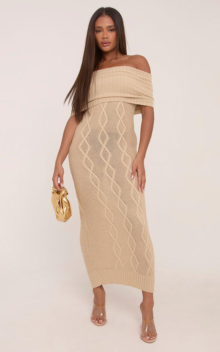 Oversized Bardot Maxi Dress In Stone Aran Knit | EGO CA | EGO