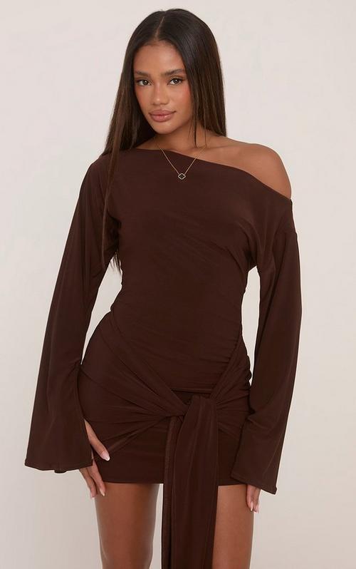 off the shoulder draped asymmetric mini dress in brown | EGO UK Prom Dresses for Cheap