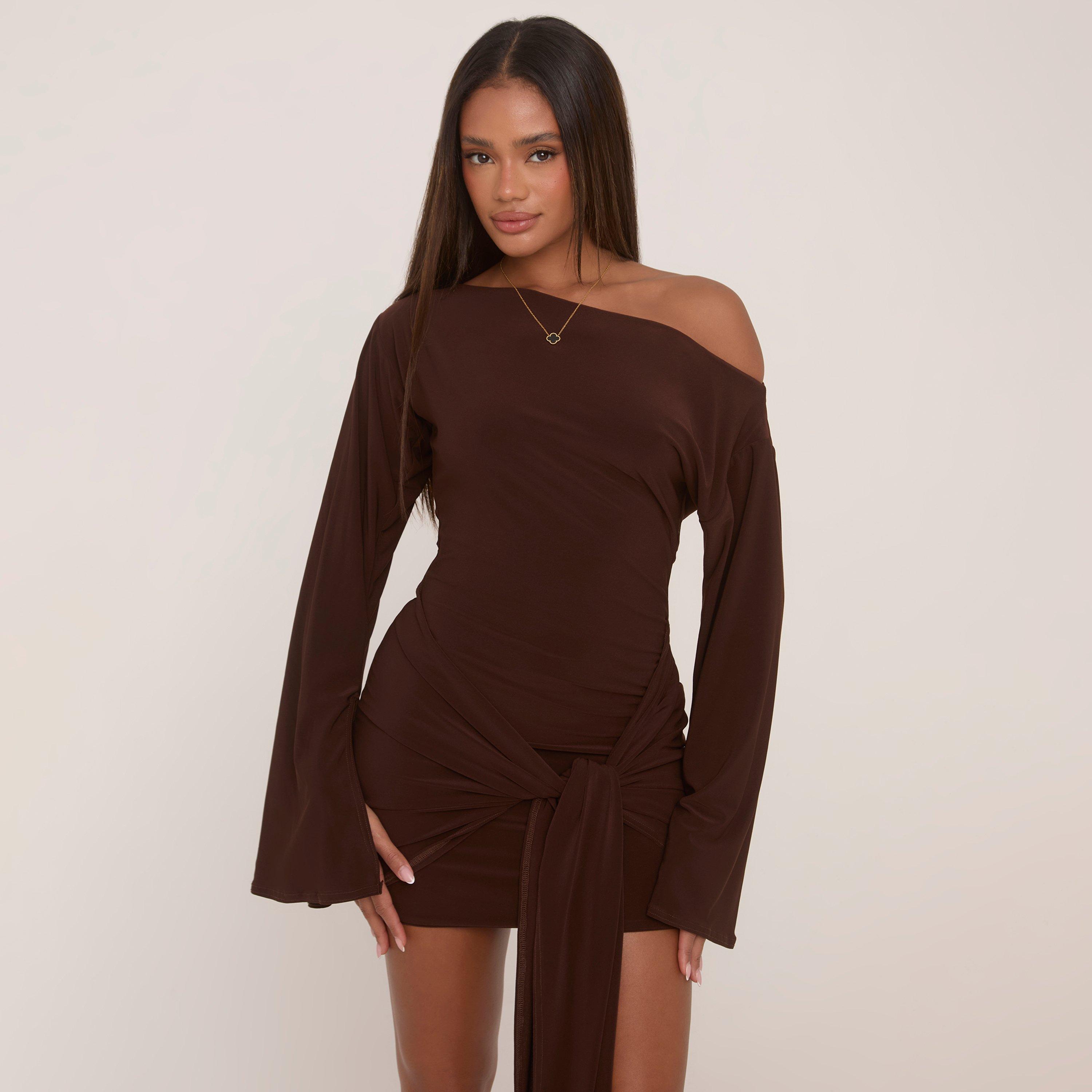 Long Flared Sleeve Drape Detail Mini Bodycon Dress In Chocolate Brown Slinky, Women’s