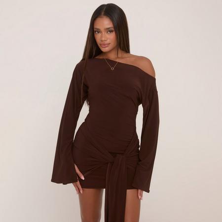 Long Flared Sleeve Drape Detail Mini Bodycon Dress In Chocolate Brown Slinky, Women's Size US