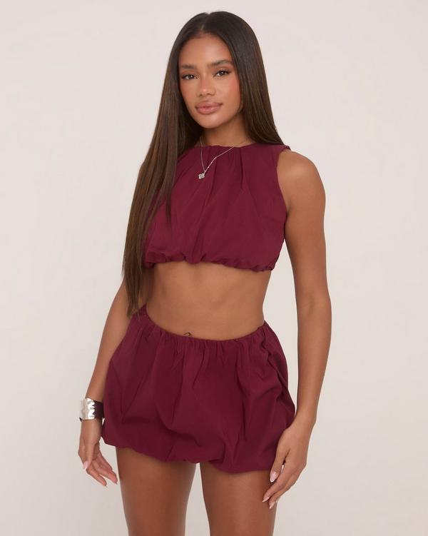 Sleeveless Crop Top And High Waist Puffball Mini Skirt Co Ord Set In Burgundy EGO