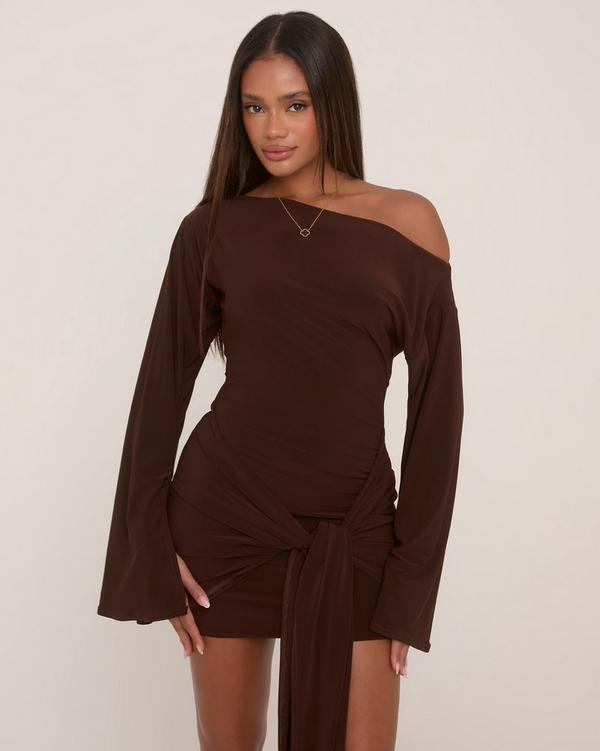 Long Flared Sleeve Drape Detail Mini Bodycon Dress In Chocolate Brown Slinky