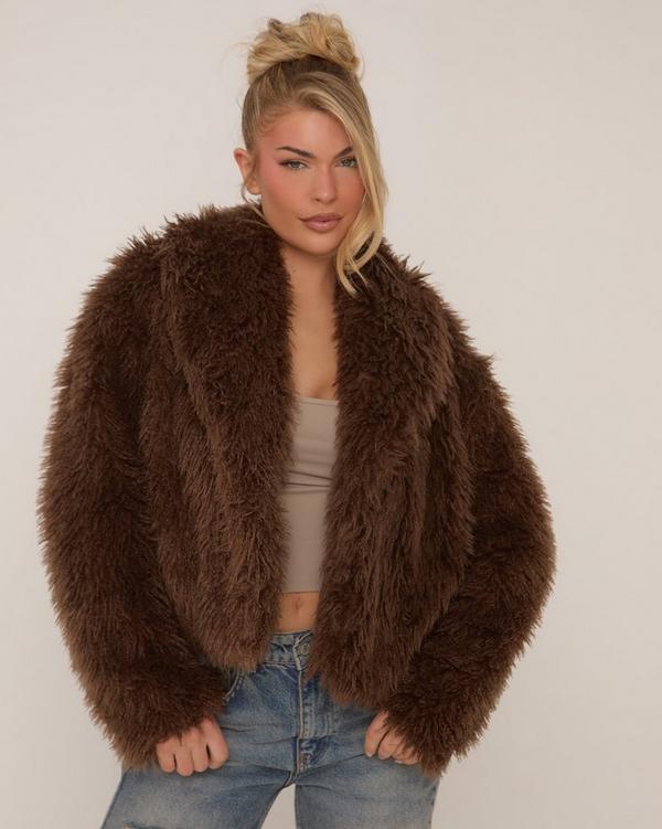 Oversized Collar Coat In Brown Shaggy Fur