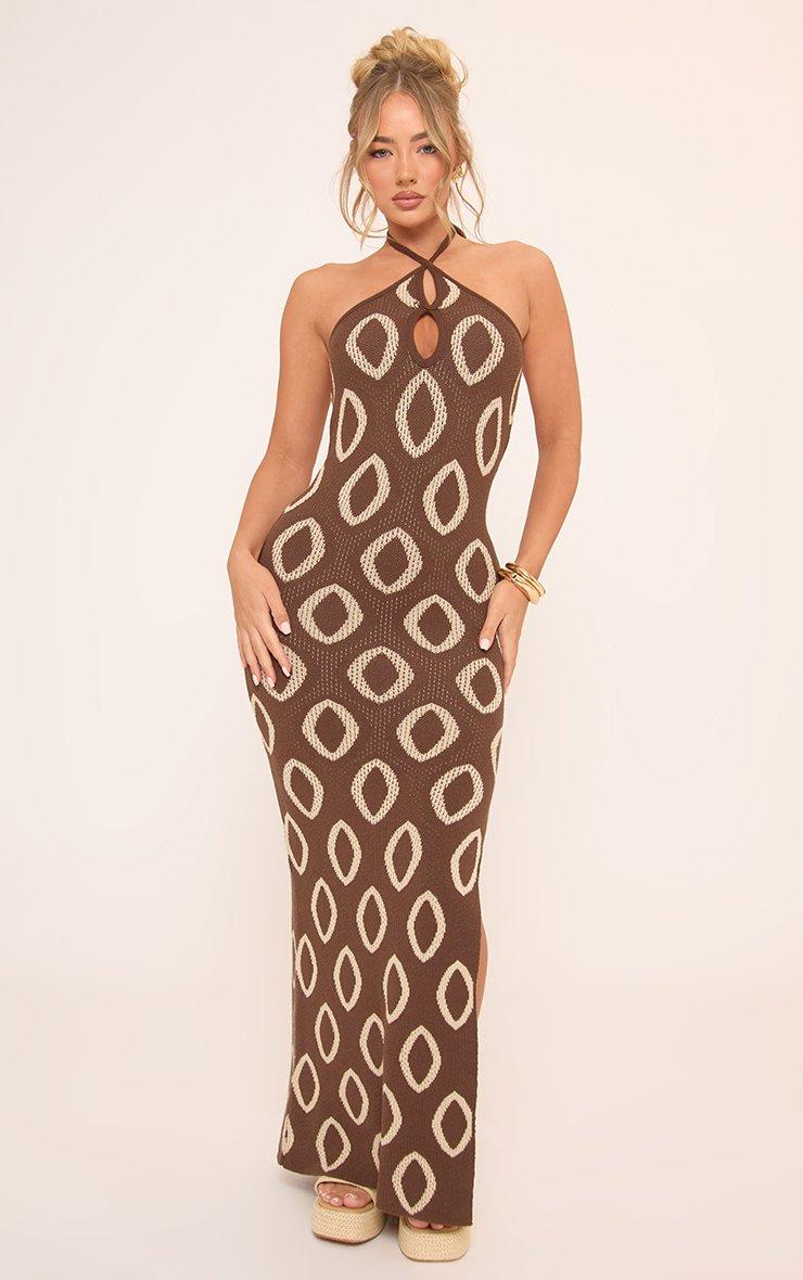 Halterneck Keyhole Detail Maxi Dress In Brown Patterned Knit Halterneck Keyhole Detail Maxi Dress In Brown Patterned Knit