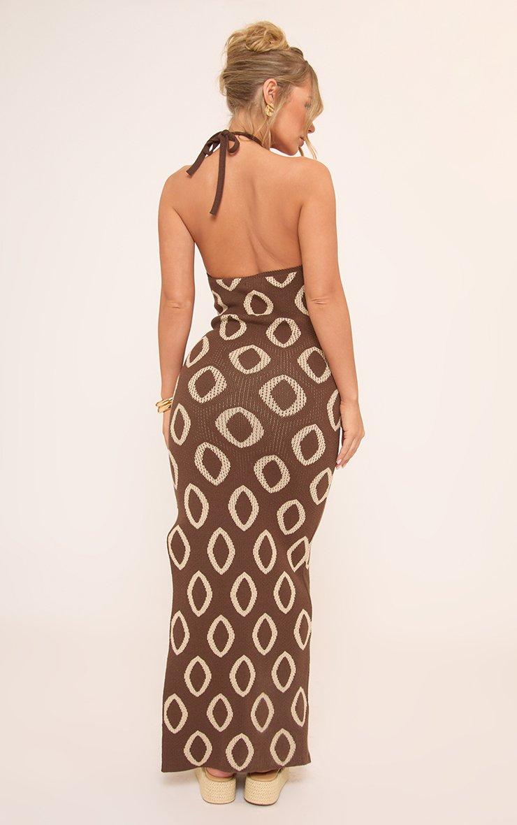 Halterneck Keyhole Detail Maxi Dress In Brown Patterned Knit | EGO US | EGO